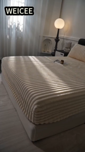 Soft Thickened Velvet Bedsheet Thick Striped Plush Bed Cover Fully Garterized Mattress Protector Cozy Warm Bed Sheet