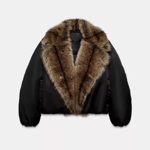 Vintage Womens Faux Fur Cropped Jacket Thick Warm Lapel Full Sleeve Pockets Spliced Black Coat 2026 Autumn Winter Lady Outwear