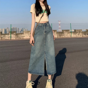 S-6XL เพิ่มขนาด ของผู้หญิง กระโปรงยาว เอวสูง เอ-ไลน์ กระโปรง สองเท่า กระเป๋า กรีด ออกแบบ