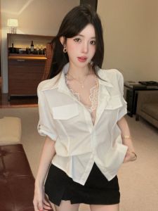 GUZILIAN | French Lace Spliced Fake Two-Piece Slimming Short Sleeve Shirt