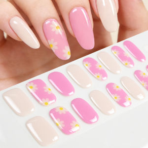 16Tips Semi Cured Gel Nail Wraps Pink&Nude Daisy Design Nail Strips Need UV Lamp Long-Lasting Nail Art Stickers for Women &Girls