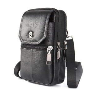 Leather Multifunctional Mens Waist Bag Vertical Outdoor Mobile Phone Waist Bag Double Zipper Portable Design Vintage Style