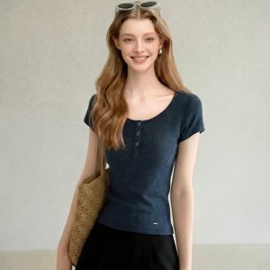Deep Blue Short Sleeve T-Shirt U-Neck Henley Blouse