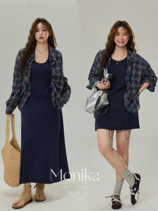 MONIKADM | Bộ Đầm Midi Ôm Cổ Tròn và Áo Sơ Mi Caro Dành cho Size Lớn Mùa Thu Sớm