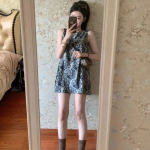 VKSOD | New Chinese Retro Watercolor Print Vest Dress Women Summer Fashion Loose Sleeveless A-Line Short Skirt High Waist Commute Style