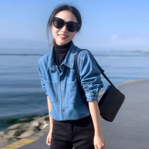 Retro Color Block Denim Shirt Womens Loose Fit Cotton Button up Long Sleeve Polo Neck Top for plus Size Fashion Autumn Winter