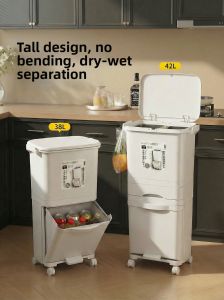 Jeko&Jeko | Japanese Style Kitchen Trash Can Lidded Mobile Large Capacity Dry Wet Separation High