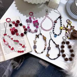 Colorful Beaded Phone Lanyard Cute Short Wrist Rope Anti Lost Bow Pendant Fashion Bag Camera Keychain Phone Case Decor