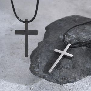 Kemstone Matte Black Stainless Steel Cross Pendant Wax Cord Chain Hip Hop Jewelry Gift