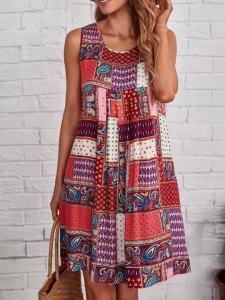 Nữ Chắp Vá Họa Tiết Paisley Không Tay Cổ Tròn Chữ A Mini Dress Casual Boho Đi Biển Tôn Dáng Thoải Mái Trang Phục Xuân Hè