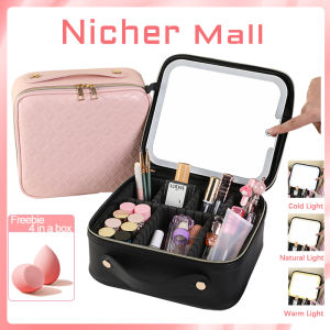 กระเป๋าแต่งหน้าพร้อมโคมไฟชาร์จยูเอสบี LED ที่จัดระเบียบแต่งหน้าความจุมากกระเป๋าเครื่องสำอางค์