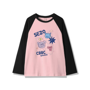 เสื้อยืดแขนยาวผ้าฝ้ายแท้สำหรับผู้หญิง เสื้อแขนยาวบาง สไตล์อเมริกัน สำหรับนักเรียนมัธยมต้น เสื้อแขนยาวแบบสวมไหล่ สีบล็อก เสื้อผ้าทำงานสไตล์เกาหลี