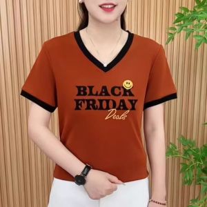Summer Mommy Style Short Sleeve V-Neck Printed T-Shirt Womens Fashion Slimming Top Korean Version Straight Cut Commute