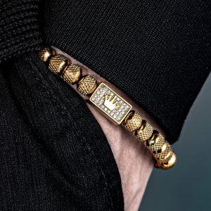 [Micro-Set Bead Bracelet] Luxury Micro-Set Square Crown Bead Adjustable Size Mens Gorgeous Braided Bracelet