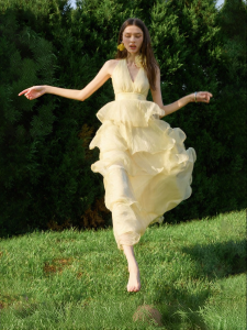 D-PLAY | Strappy Halter Yellow Chiffon Maxi Dress