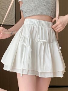 กระโปรงสั้นทรงเอเอวสูงสไตล์ฝรั่งเศส กระโปรงทรงเค้กปุ๋ย กระโปรงสั้นผ้าโพลีเอสเตอร์ลายโบว์ผีเสื้อ กระโปรงสั้นสไตล์หวาน
