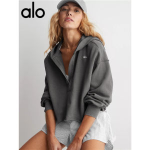 Alo hooded Sweater Womens Spring European And American Loose Yoga Pullover V-Neck Long Sleeve Top Shoulder Sleeve Knitted Jacket