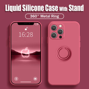 CrashStar With Metal Ring Stand Liquid Silicone Soft Shockproof Phone Case For iPhone 16 15 14 Pro Max Plus 13 12 11 Pro Max X XR XS Max 8 7 Plus + SE 2020 Solid Color Phone Cover Casing With Holder With Velvet Inside