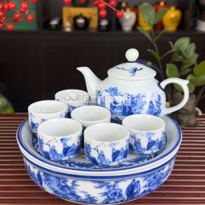 Bộ Ấm Pha Trà Bát Tràng Quả Hồng Khay Thủng Men Lam Trúc Lâm Thất Hiền - Ấm Dung Tích 350ML