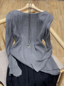 PAIBOLI | Chao Level Recommendation Summer Lightweight Grey Pleated Silk Mulberry Long Sleeve Womens Shirt Casual Straight Cut Top