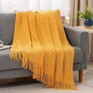 Vintage Geometric Knit Throw Soft Cozy Acrylic Tassels All Season Couch Bed Cover Washable Decorative Weave Mixed Colors