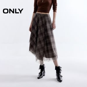 ONLY | Comfortable Elastic Waist Tartan Pattern Asymmetric Hem Skirt