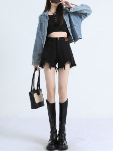 Quần Short Denim Cạp Cao Màu Đen Cho Nữ Mùa Hè 2023 Quần Short Ống Rộng Che Giấu Mỡ Bụng Quần Bó Chữ a Quần Bó