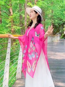 Outdoor Cetak kupu-kupu warna-warni shawl perjalanan cerah kemeja pelindung matahari menari Scarf tipis untuk syal wanita