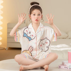 Cat Person Childrens Sleepwear Ice Silk Thin Short Sleeve Set Summer Home Clothes for Girls Cute Cartoon Style Anti-Static
