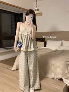 Ren Mùa Hè Bộ Đồ Ngủ Nữ Có Miếng Lót Ngực Quần Dài Và Tay Đeo Họa Tiết Hoa Cổ Chữ V Ở Nhà Quần Áo