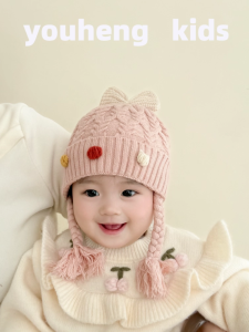 Princess Style Knitted Baby Girl Hat Winter Warm Thickened No Brim Outdoor Hat with Flower Detail Foldable round Top Ear Protection