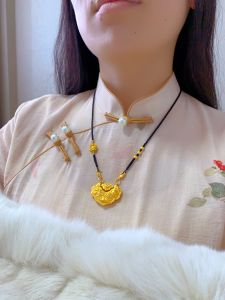 Gold Wrapped Silver Pendant Womens Double Fish Koi Lock with Lotus Rope Peaceful Lock Chinese Versatile Gold Lock Gift for Girlfriend