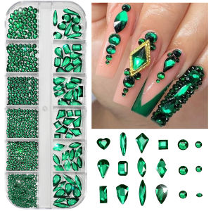 12 Grids 3D Green Glass Nail Art Rhinestones Mixed Round Heart Butterfly Flower Drop Nails Charms DIY Crafts Manicure Accessorie