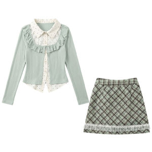 Layered Polka Dot Shirt and Skirt Set Autumn Two-Tone