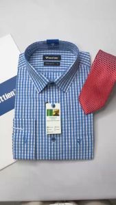 Áo sơ mi dài tay Việt Tiến màu xanh kẻ ô 1R6725 vải sợi tre - Regularfit vạt bầu