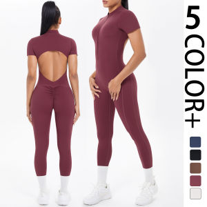 Short Sleeved Fitness Jumpsuit for Woman Bodysuits Backless Solid Color Scrunch One-Piece Suit Half Zipper Gym Yoga Sets Womens
