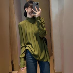 Elegant Green Standing Collar Puff Sleeve Shirt Slimming Office Wear
