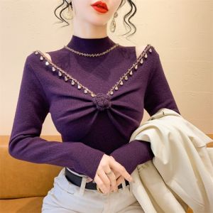 Elegant French Style Long Sleeve Knitted Sweater Shoulder Hole Hollow out High Collar Womens Base Shirt Bohemian Fashion