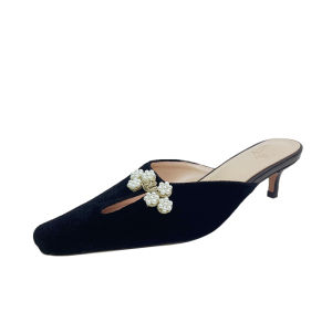 BUBUFEIFEI Original Design Chinese Style Mule Slippers Cat Heel Fashionable Casual Velvet Surface Rubber Outsole