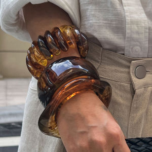 Ingemark 3 Styles Ethnic Brown Resin Acrylic Bangles for Women New Trend Vintage Irregular Geometric Wide Bracelet Charm Jewelry