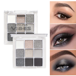 Color Vibes Dark Punk Smoky Eyeshadow Palette 9 Colors Black White Gray Metal Pearlescent Matte Silver for Party Stage Makeup