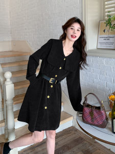 Elegant A-Line Dress Long Sleeve Midi Womens Fashion Korean Style Button Pocket Detail Slimming Waist Spring New Arrival