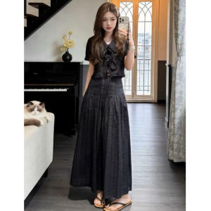 LIRUSHAN | Đầm Tay Ngắn Phong Cách Pháp Đen Elegante