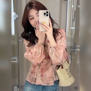 YUFUQING | Heavy Embroidery Long Sleeve Shirt Women Summer New French Vintage Design Waist Cinching Slimming V-neck Top Floral Print Blouse