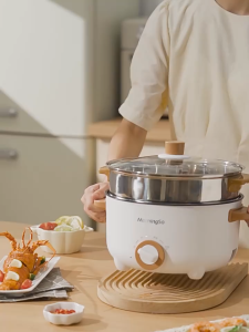 หม้อไฟฟ้า ไม่ติดหม้อ ปรับอุณหภูมิ3ระดับ หม้อนึ่งไฟฟ้า 2 ชั้น 1000W หม้อต้มไฟฟ้า