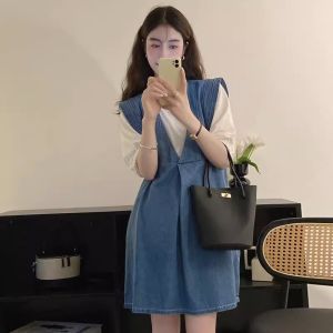 Slimming Summer Two-Piece Set T-Shirt Denim Dress Womens High Waist A-Line Short Skirt Thin Design Commute Korean Style