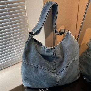 Lazy Style Large Capacity Denim Tote Bag Commuter Slouchy Crossbody Shoulder Bag Fashion Canvas Bag Soft Handle Zipper Closure