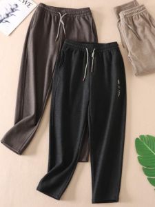 High Waist Harlan Casual Pants Womens Autumn Winter Slimming Letter Embroidery Velvet like Fabric Comfortable Straight Leg Trousers