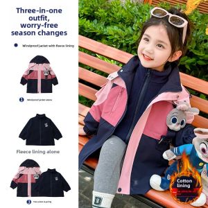 MPW | Girls Three-in-One Rabbit Police Officer Jacket Autumn Winter Outerwear Fashionable Baby Two-Piece Set Warm Waterproof Wearable