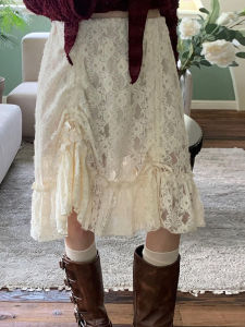 Váy Nửa Thân Không Đều Ren Xếp Ly Váy Chữ a Cạp Cao Không Có Thương Hiệu Phong Cách Đường Phố Không Có Lớp Lót